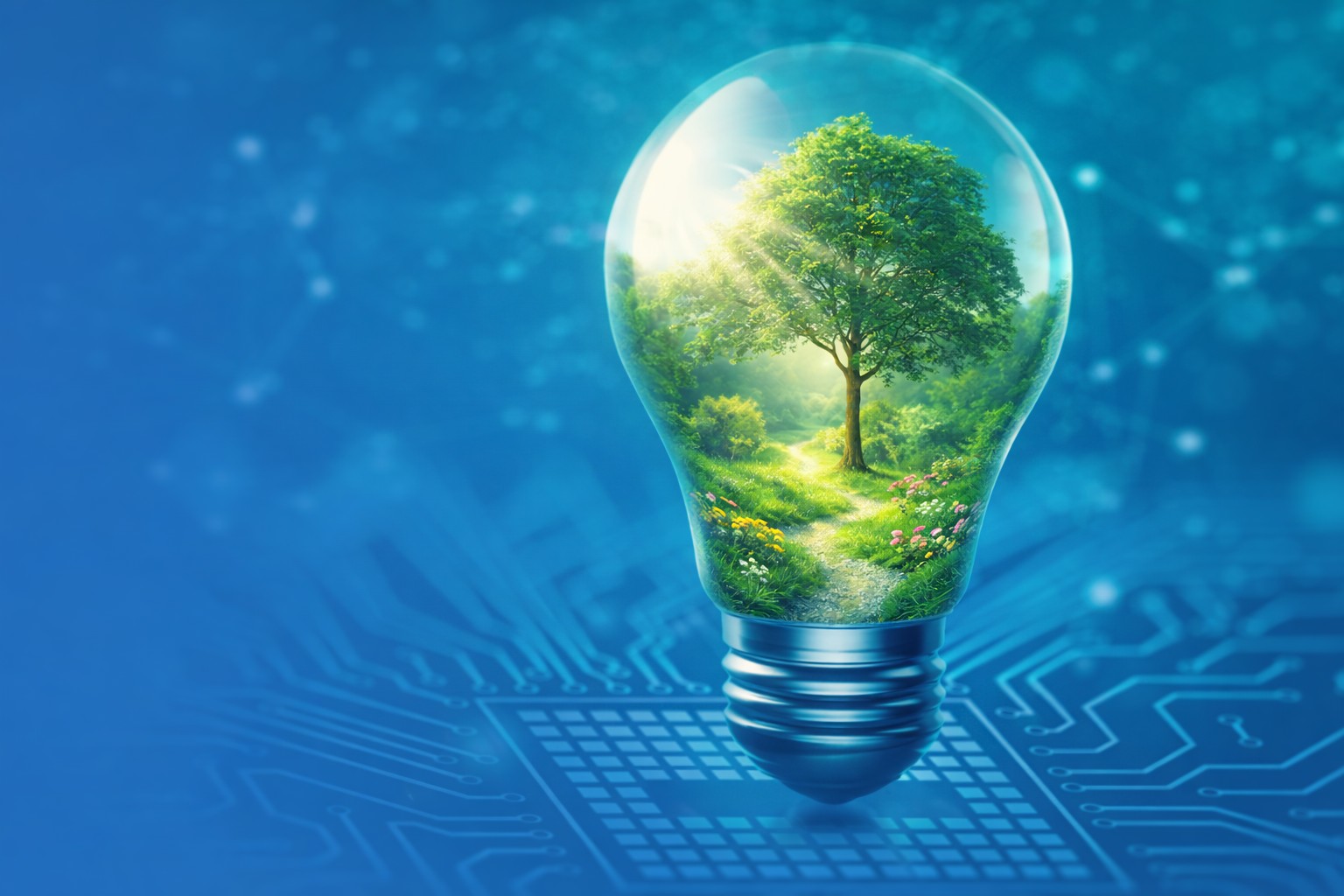 Power quality and energy savings: light bulb with green garden as a metaphor for energy quality