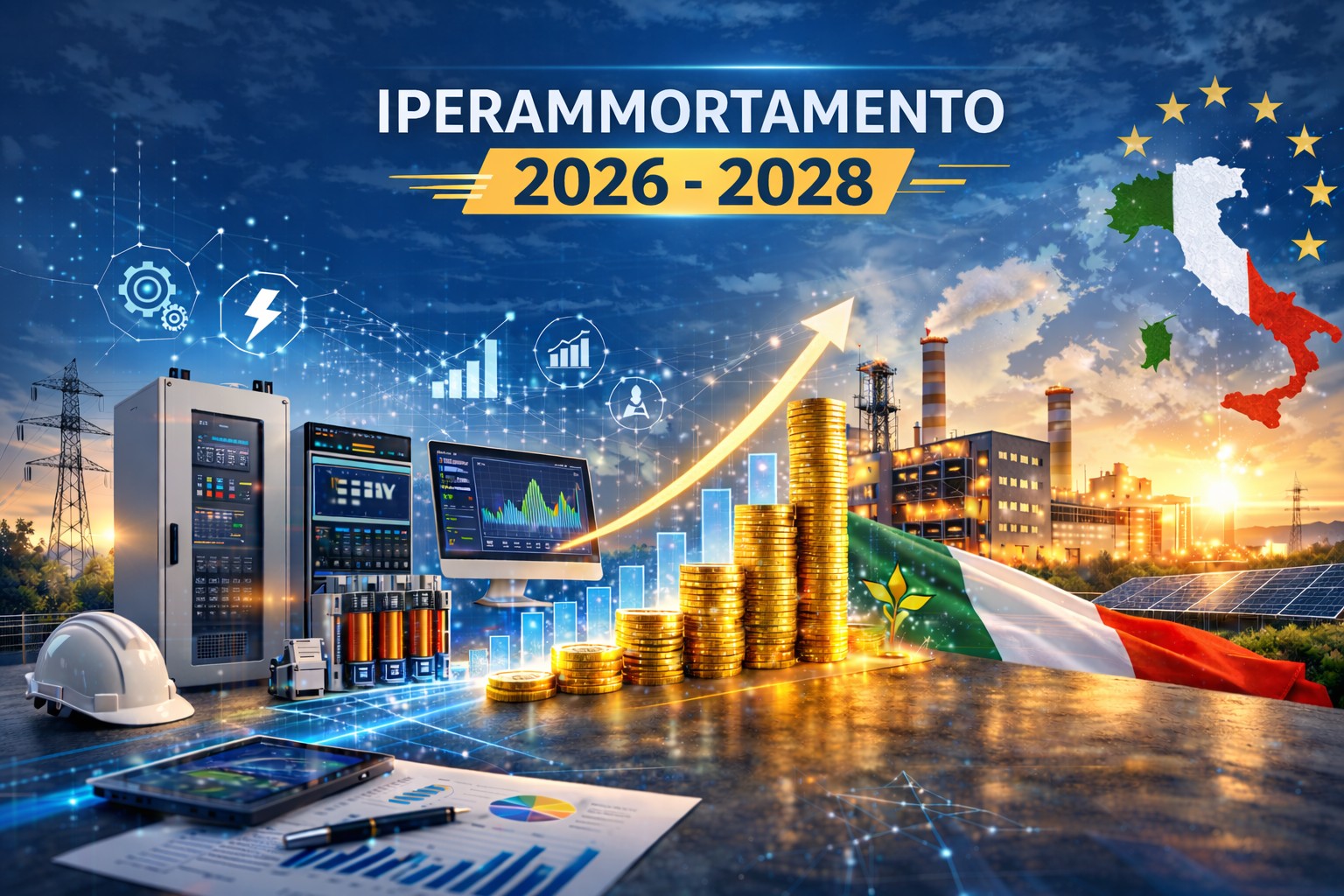 Impianto industriale con grafico di crescita e tecnologie energetiche per investimenti agevolabili con iperammortamento 2026 e miglioramento della power quality