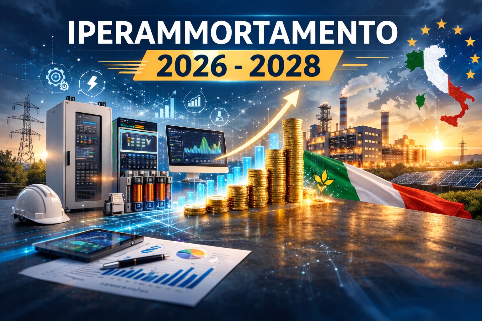 Impianto industriale con grafico di crescita e tecnologie energetiche per investimenti agevolabili con iperammortamento 2026 e miglioramento della power quality