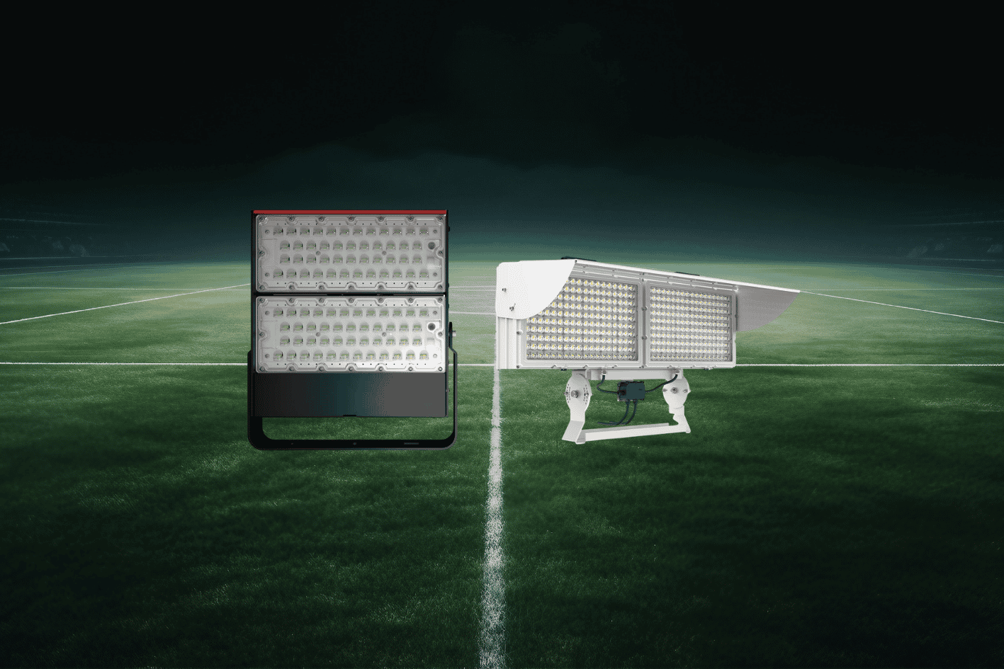 Fari a LED professionali per impianti sportivi installati in un campo sportivo moderno