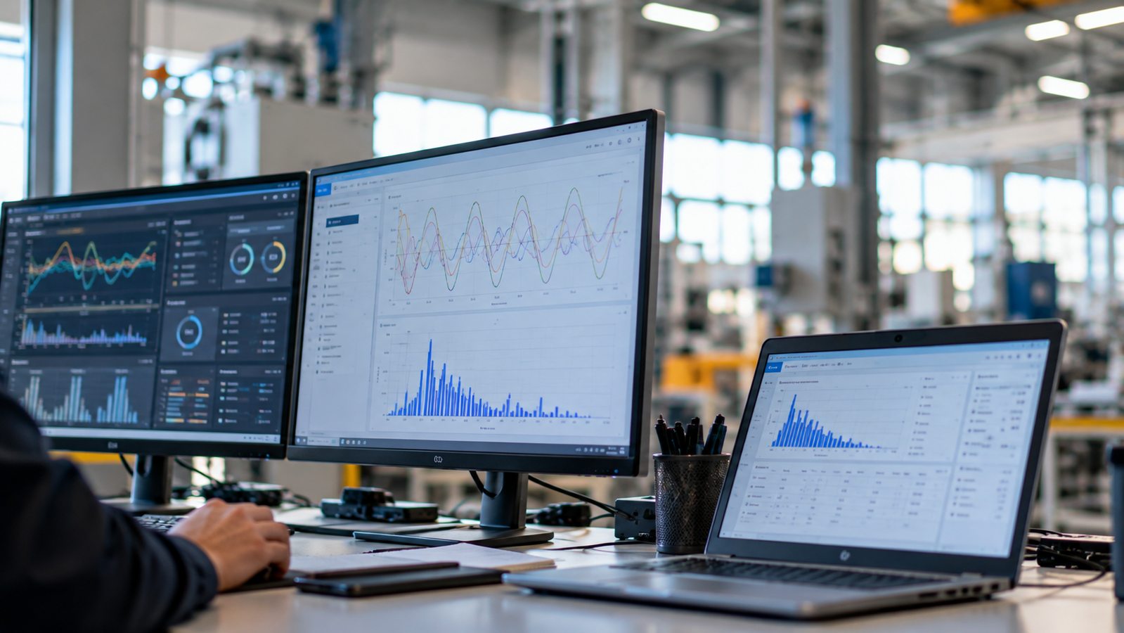 Industrial engineer monitoring electrical harmonics and power quality data on computer screens in a manufacturing facility